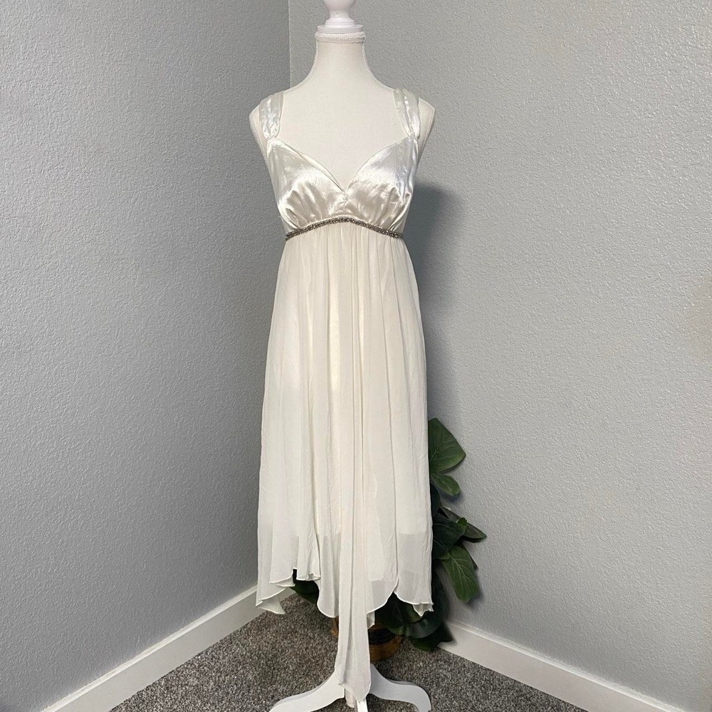 WHITE IVORY DRESS EMPIRE WAIST RHINESTONE HANDKERCHIEF HEM FAIRYCORE WHIMSICAL